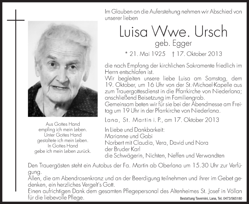  Traueranzeige für Luisa Ursch vom 18.10.2013 aus Dolomiten