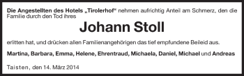 Traueranzeige von Johann Stoll von Dolomiten