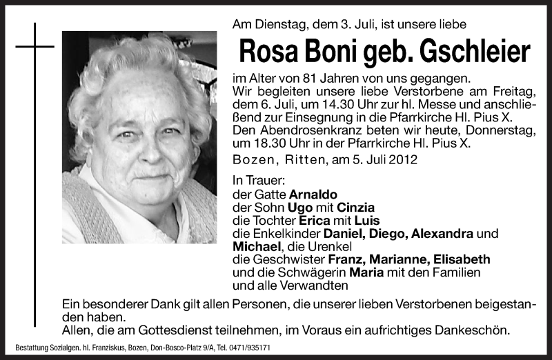  Traueranzeige für Rosa Boni vom 05.07.2012 aus Dolomiten