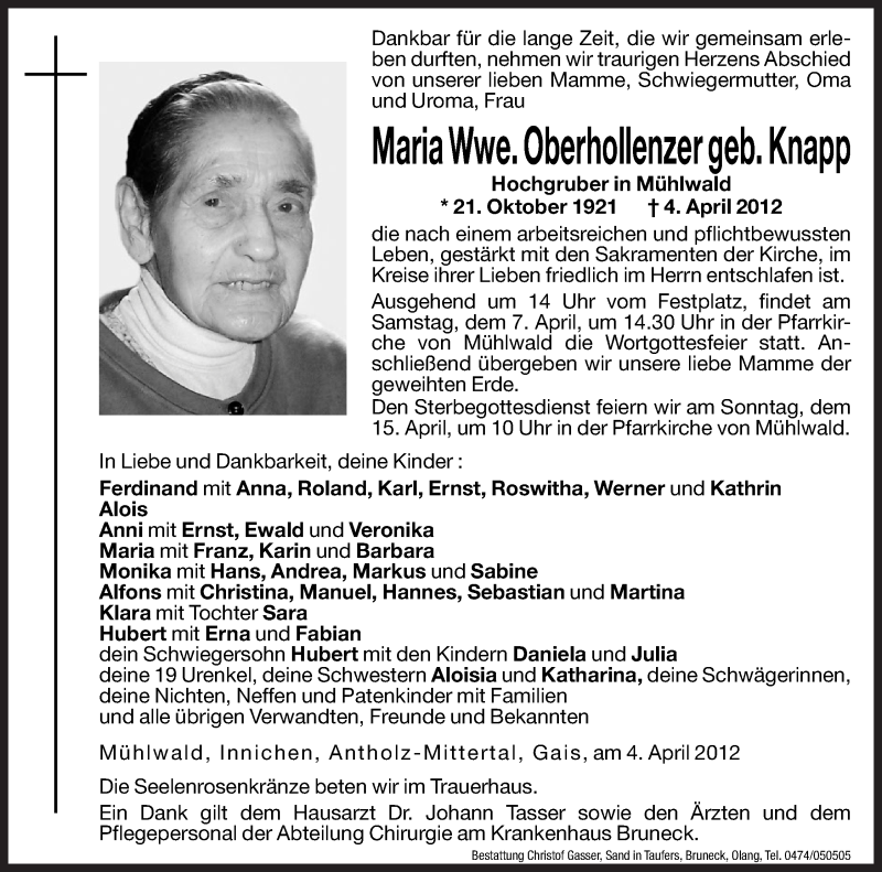  Traueranzeige für Maria Oberhollenzer vom 06.04.2012 aus Dolomiten