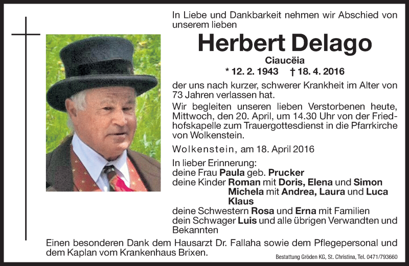  Traueranzeige für Herbert Delago vom 20.04.2016 aus Dolomiten