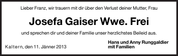Traueranzeige von Josefa Frei von Dolomiten