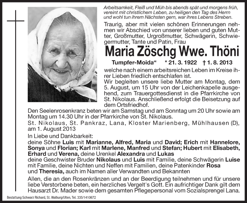  Traueranzeige für Maria Thöni vom 03.08.2013 aus Dolomiten