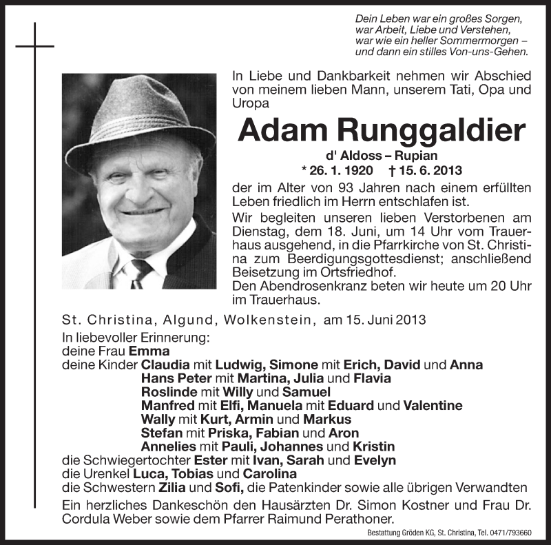  Traueranzeige für Adam Runggaldier vom 17.06.2013 aus Dolomiten