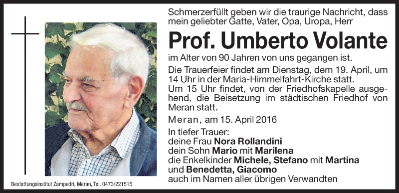  Traueranzeige für Umberto Volante vom 18.04.2016 aus Dolomiten