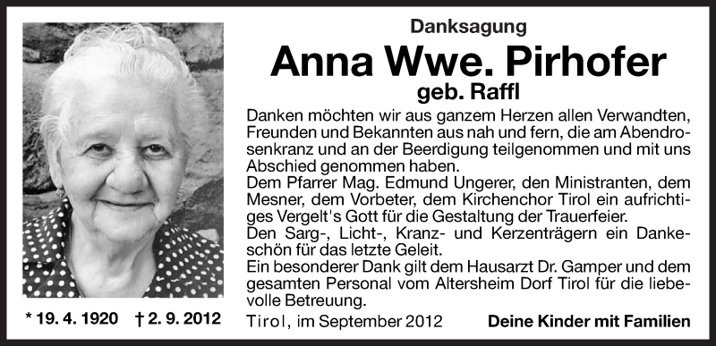  Traueranzeige für Anna Pirhofer vom 07.09.2012 aus Dolomiten