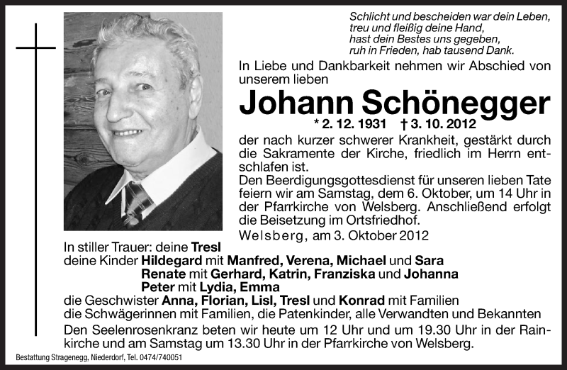  Traueranzeige für Johann Schönegger vom 05.10.2012 aus Dolomiten