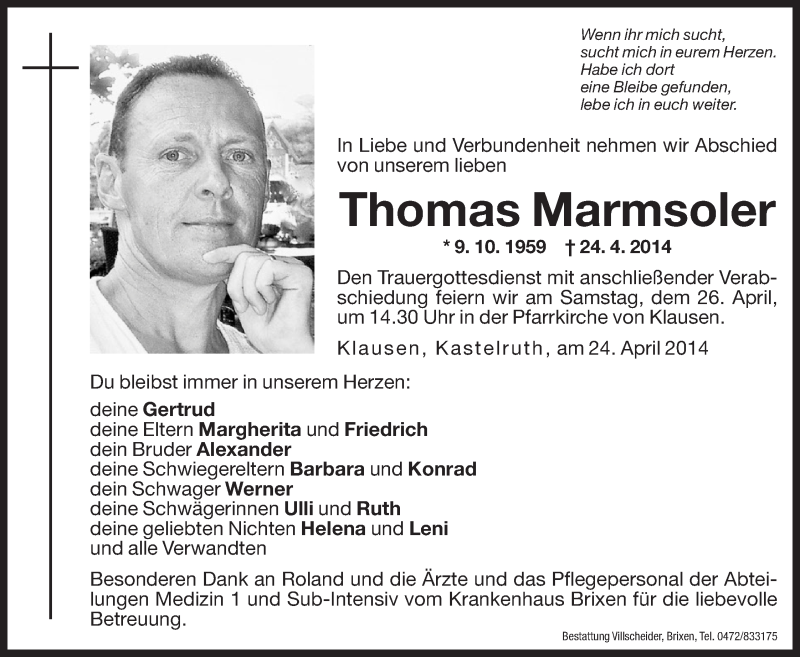  Traueranzeige für Thomas Marmsoler vom 26.04.2014 aus Dolomiten