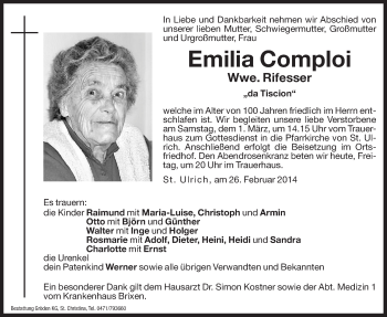 Traueranzeige von Emilia Rifesser von Dolomiten