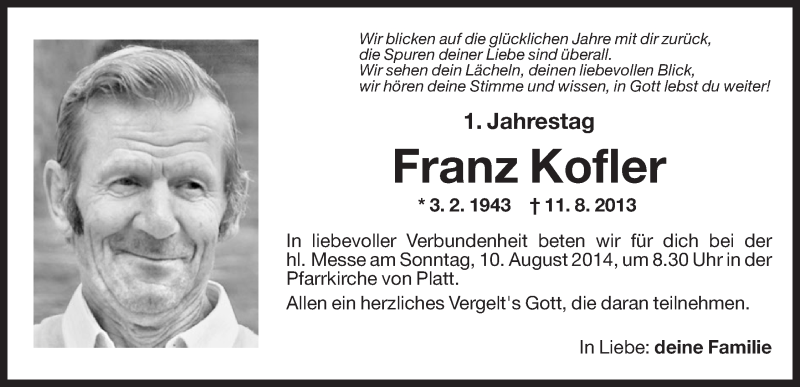  Traueranzeige für Franz Kofler vom 08.08.2014 aus Dolomiten