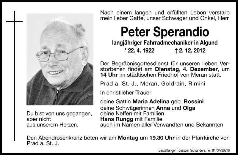  Traueranzeige für Peter Sperandio vom 03.12.2012 aus Dolomiten