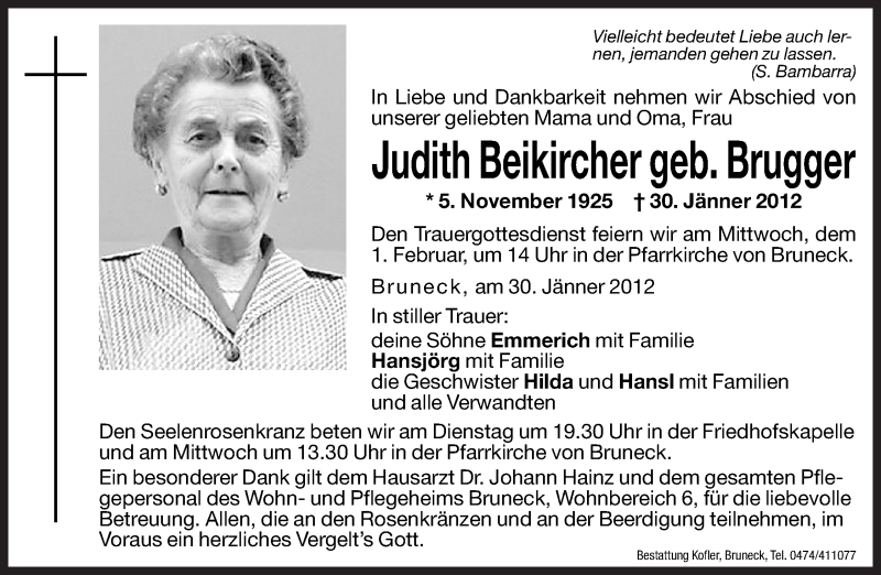  Traueranzeige für Judith Beikircher vom 31.01.2012 aus Dolomiten