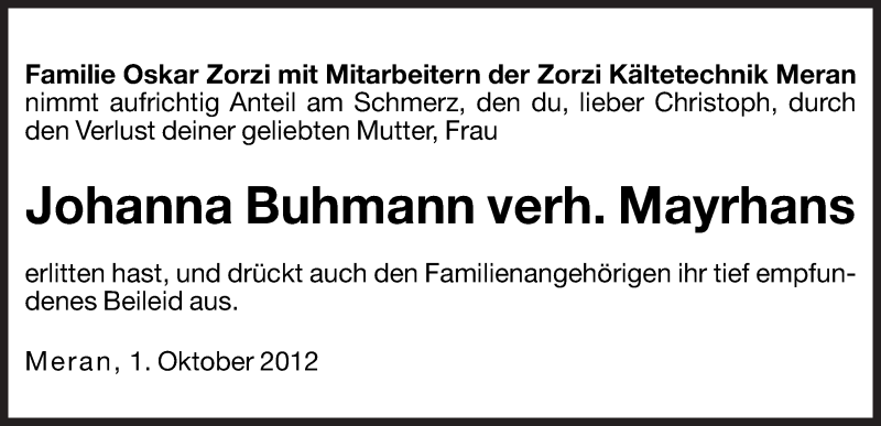  Traueranzeige für Johanna Buhmann vom 01.10.2012 aus Dolomiten