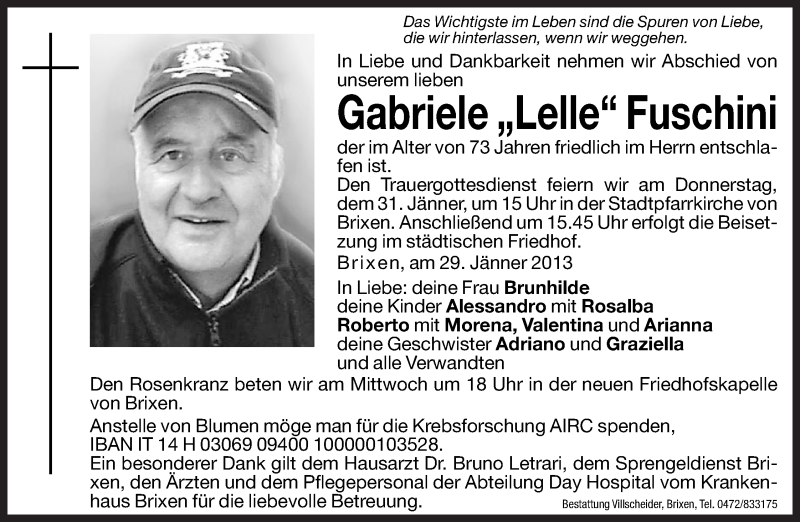  Traueranzeige für Gabriele Fuschini vom 30.01.2013 aus Dolomiten