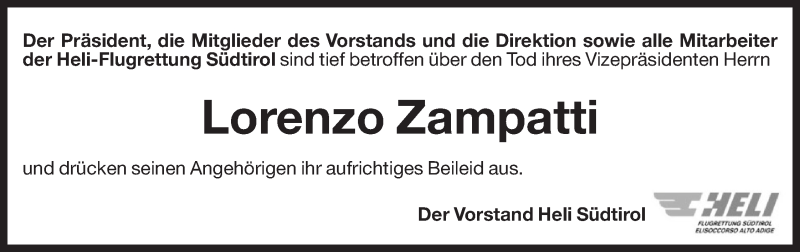  Traueranzeige für Lorenzo Zampatti vom 04.04.2016 aus Dolomiten