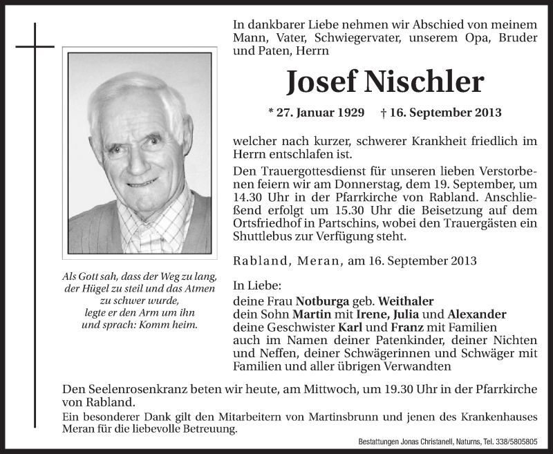  Traueranzeige für Josef Nischler vom 18.09.2013 aus Dolomiten