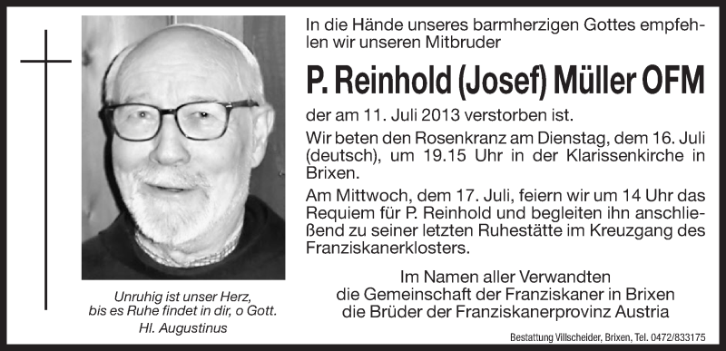  Traueranzeige für Reinhold Müller vom 16.07.2013 aus Dolomiten