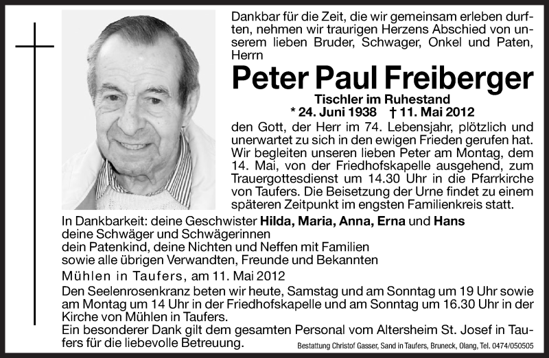  Traueranzeige für Peter Paul Freiberger vom 12.05.2012 aus Dolomiten