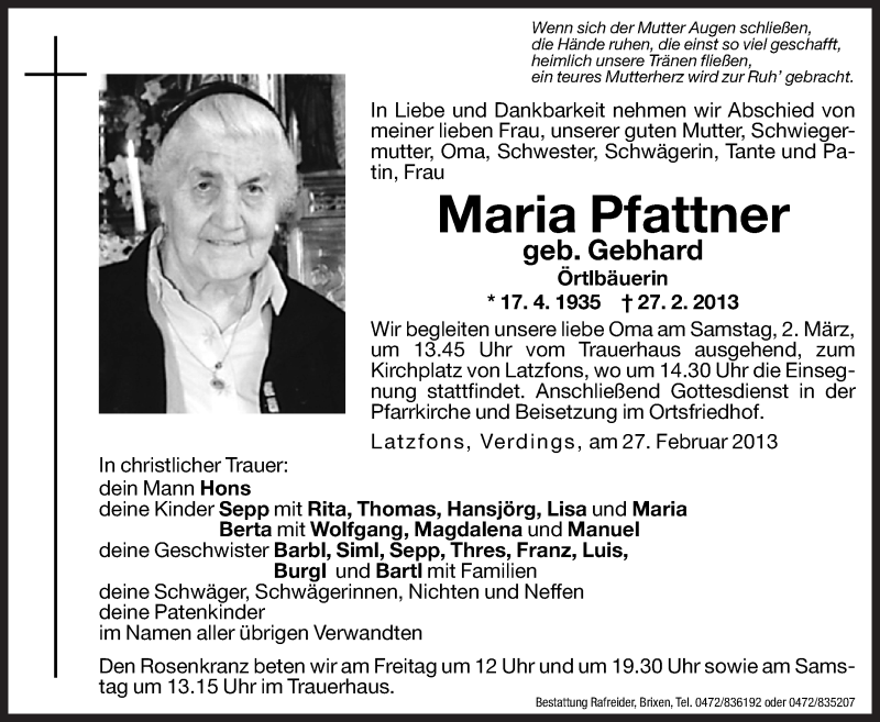  Traueranzeige für Maria Pfattner vom 01.03.2013 aus Dolomiten