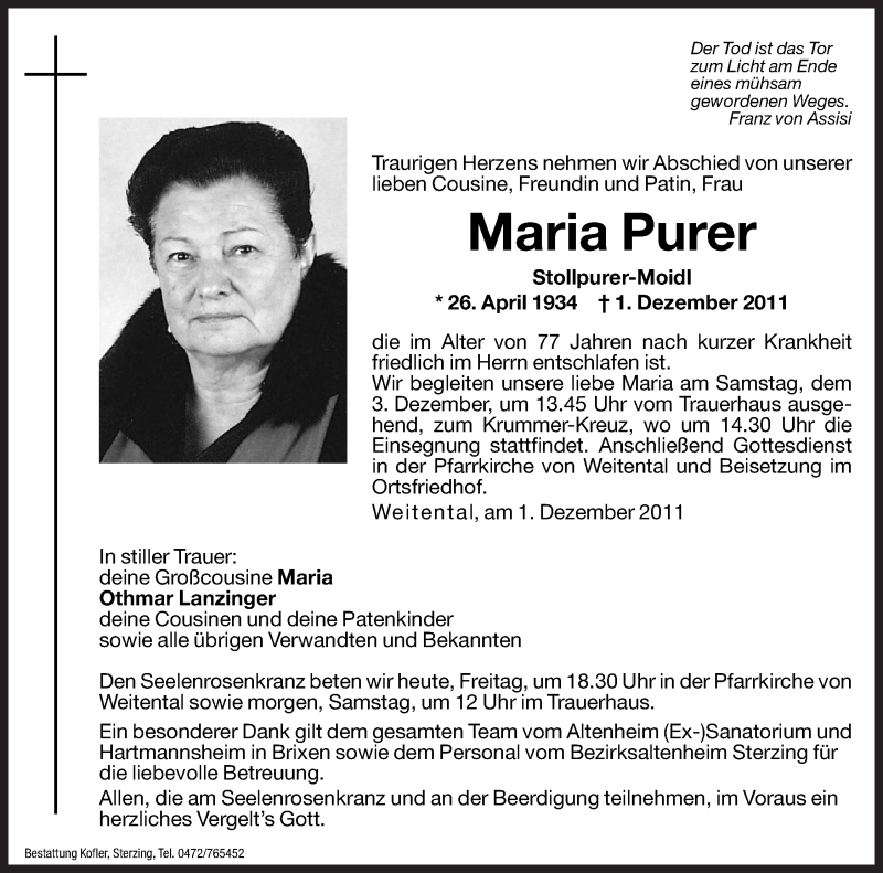  Traueranzeige für Maria Purer vom 02.12.2011 aus Dolomiten