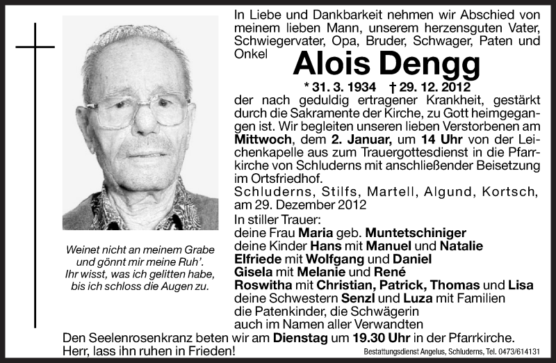  Traueranzeige für Alois Dengg vom 31.12.2012 aus Dolomiten