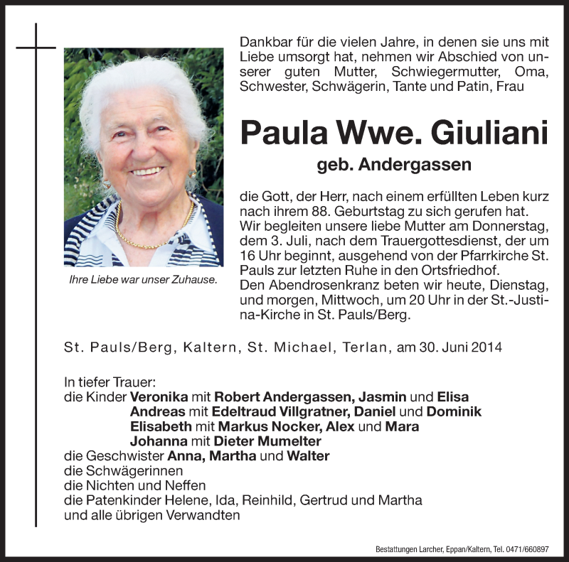  Traueranzeige für Paula Giuliani vom 01.07.2014 aus Dolomiten