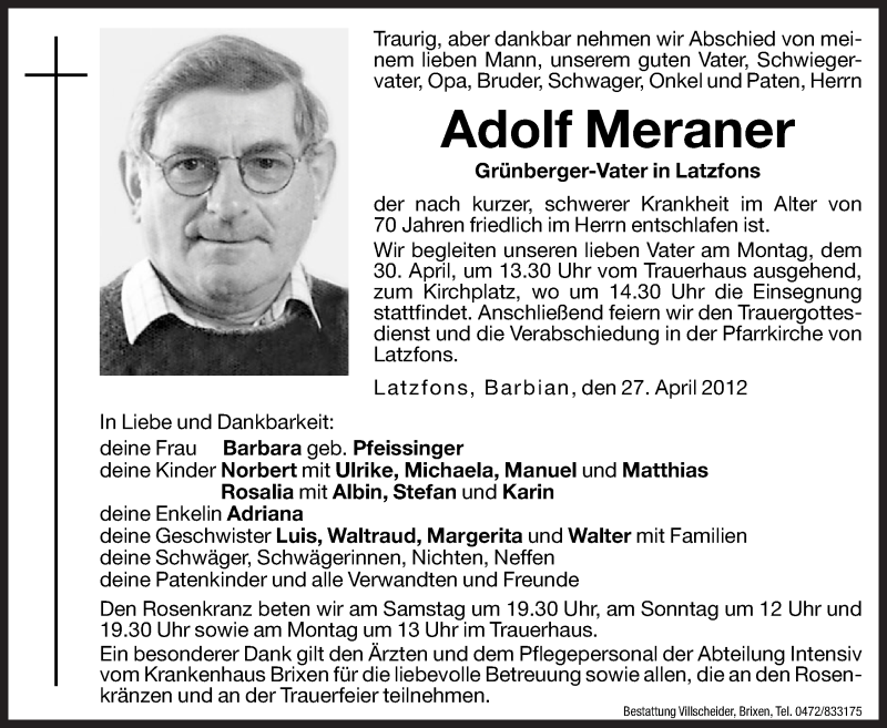  Traueranzeige für Adolf Meraner vom 28.04.2012 aus Dolomiten