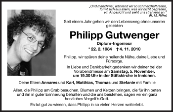 Traueranzeige von Philipp Gutwenger von Dolomiten