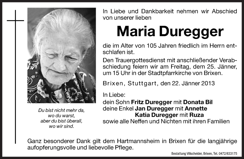  Traueranzeige für Maria Duregger vom 24.01.2013 aus Dolomiten