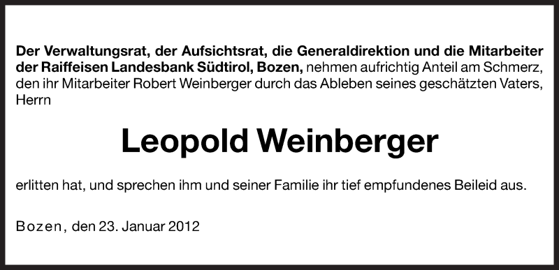  Traueranzeige für Leopold Weinberger vom 24.01.2012 aus Dolomiten