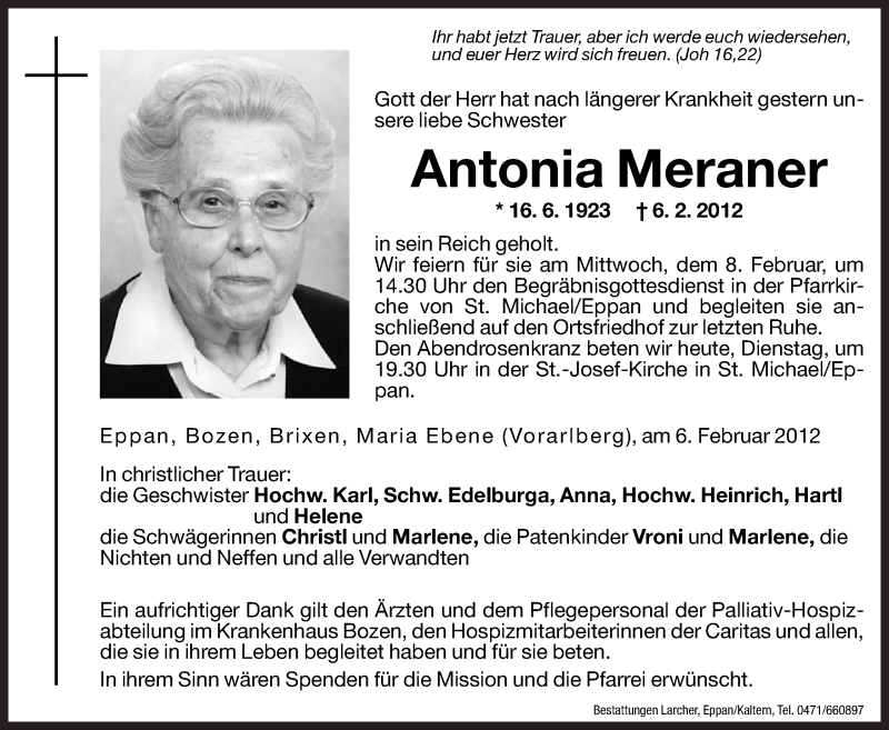  Traueranzeige für Antonia Meraner vom 07.02.2012 aus Dolomiten