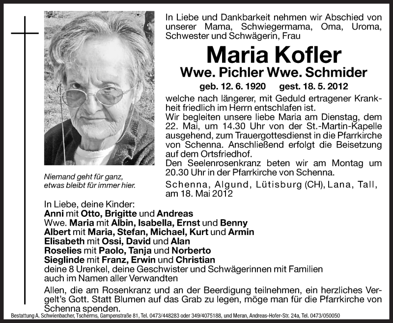  Traueranzeige für Maria Pichler vom 19.05.2012 aus Dolomiten