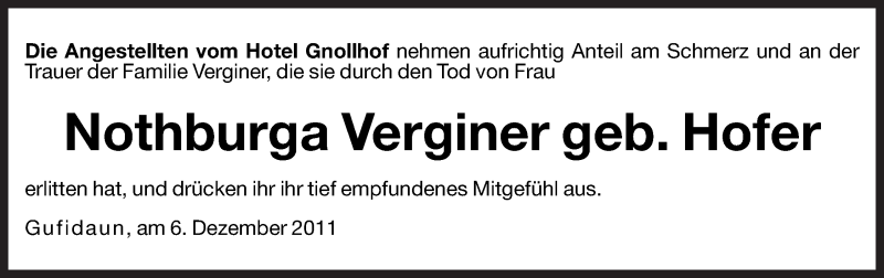  Traueranzeige für Notburga Verginer vom 07.12.2011 aus Dolomiten