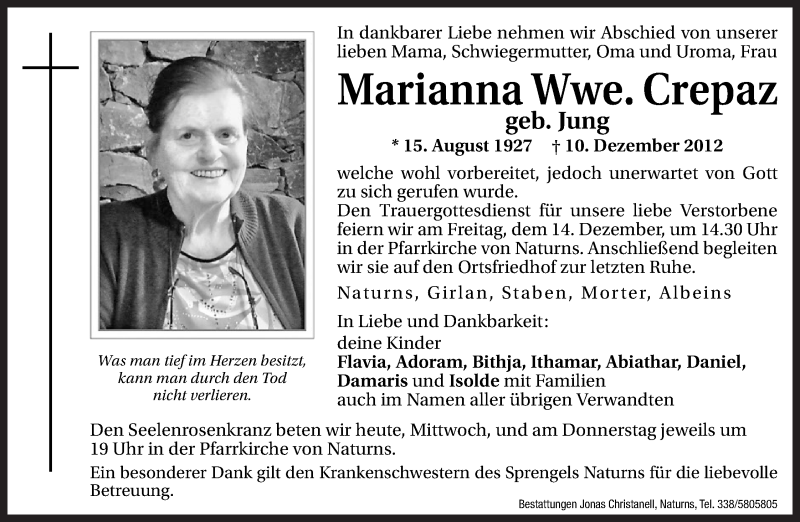  Traueranzeige für Marianna Crepaz vom 12.12.2012 aus Dolomiten