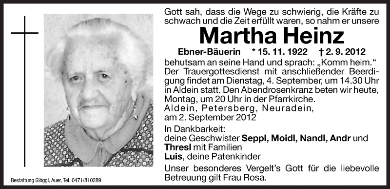  Traueranzeige für Martha Heinz vom 03.09.2012 aus Dolomiten