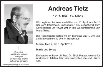 Traueranzeige von Andreas Tietz von Dolomiten