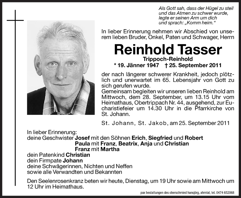  Traueranzeige für Reinhold Tasser vom 27.09.2011 aus Dolomiten