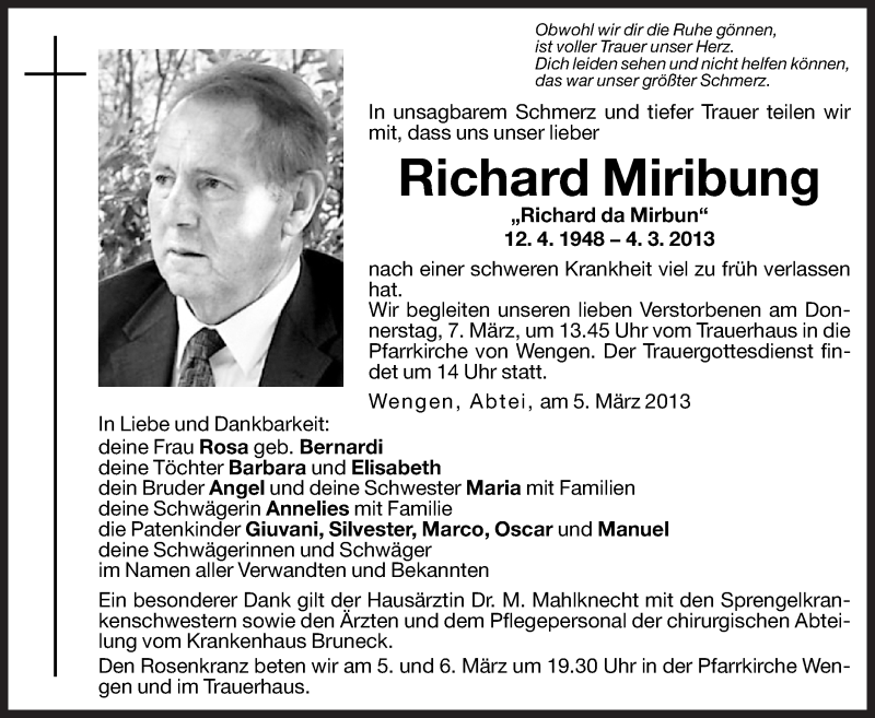  Traueranzeige für Richard Miribung vom 06.03.2013 aus Dolomiten