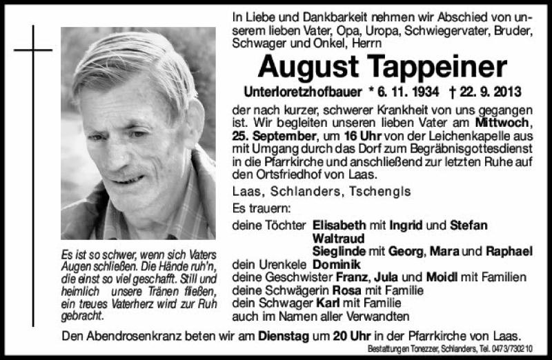  Traueranzeige für August Tappeler vom 24.09.2013 aus Dolomiten