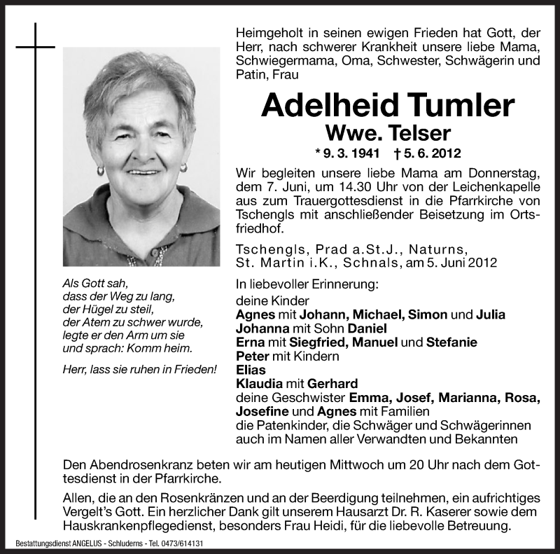  Traueranzeige für Adelheid Tumler vom 06.06.2012 aus Dolomiten