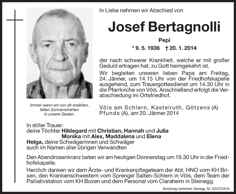  Traueranzeige für Josef Bertagnolli vom 23.01.2014 aus Dolomiten