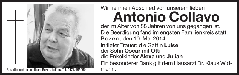  Traueranzeige für Antonio Collavo vom 15.05.2014 aus Dolomiten