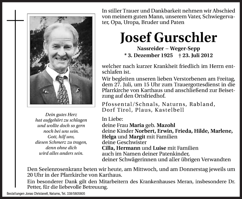  Traueranzeige für Josef Gurschler vom 25.07.2012 aus Dolomiten