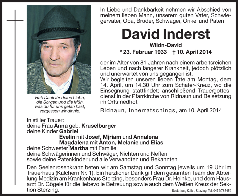  Traueranzeige für David Inderst vom 12.04.2014 aus Dolomiten