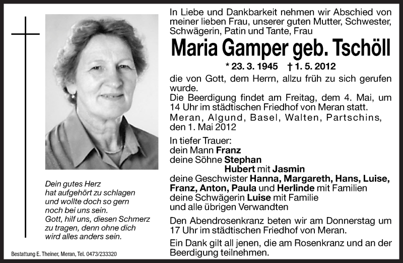  Traueranzeige für Maria Gamper vom 03.05.2012 aus Dolomiten