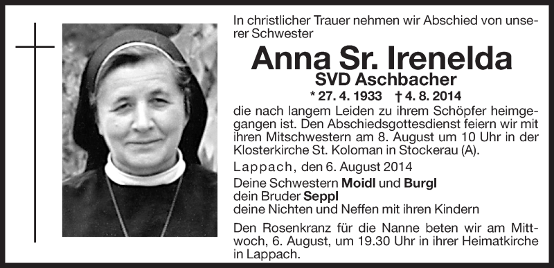  Traueranzeige für Anna  Irenelda vom 06.08.2014 aus Dolomiten