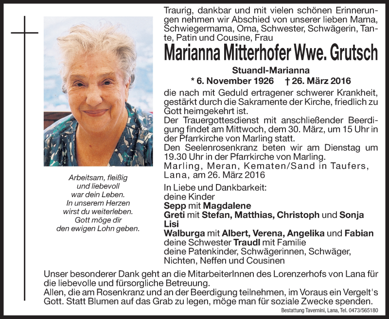  Traueranzeige für Marianna Grutsch vom 29.03.2016 aus Dolomiten