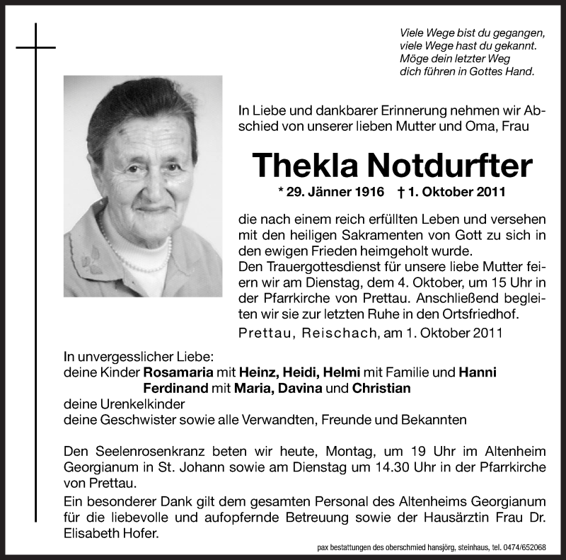  Traueranzeige für Thekla Notdurfter vom 03.10.2011 aus Dolomiten