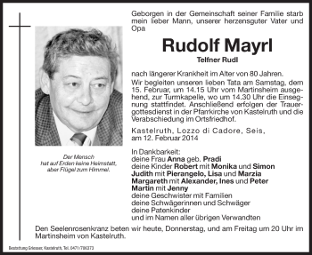 Traueranzeige von Rudolf Mayrl von Dolomiten