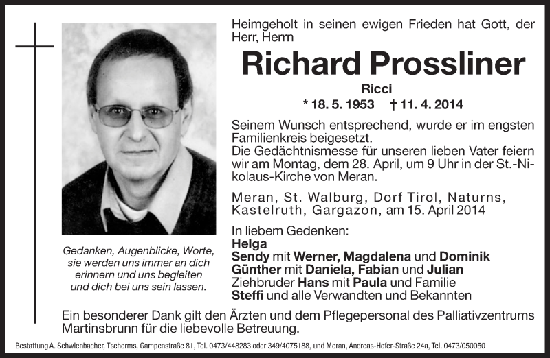  Traueranzeige für Richard Prossliner vom 15.04.2014 aus Dolomiten